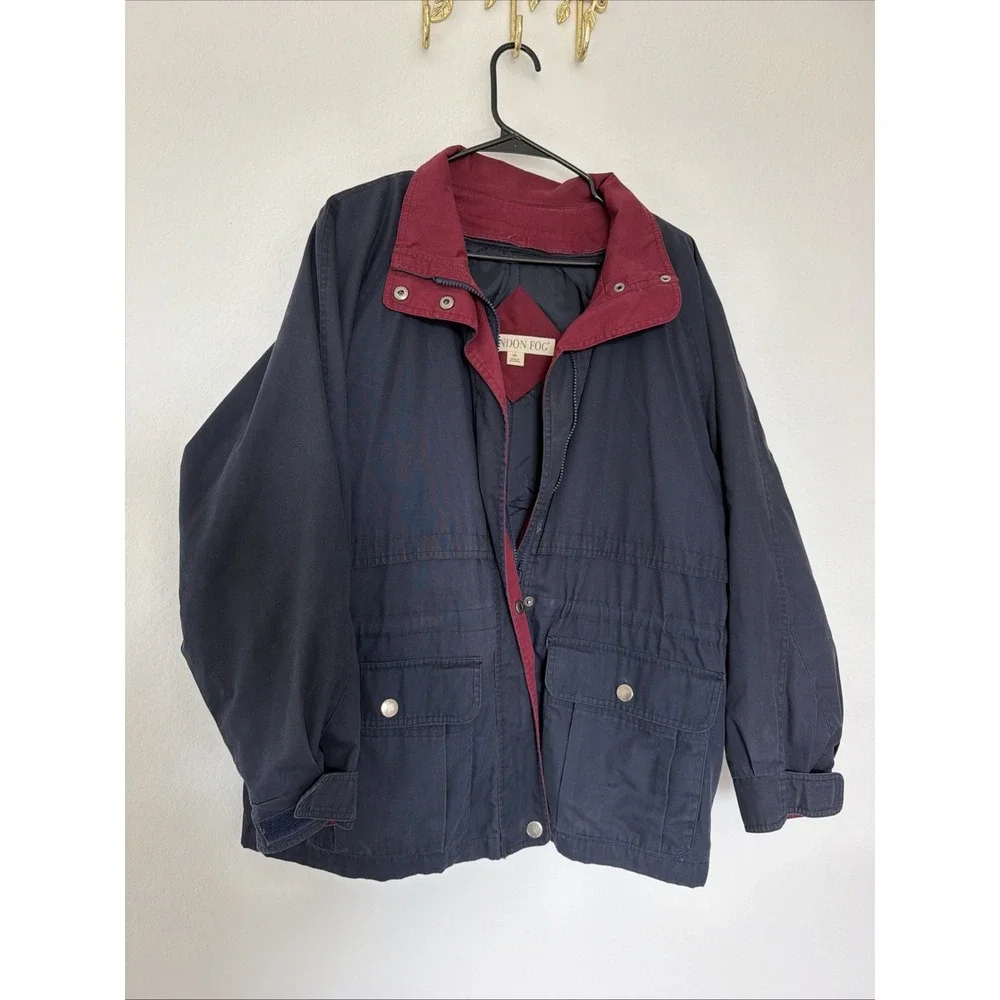 London Fog Men Navy Red Lined Parka Jacket Full Zip Pockets Mid-Length Sz Large